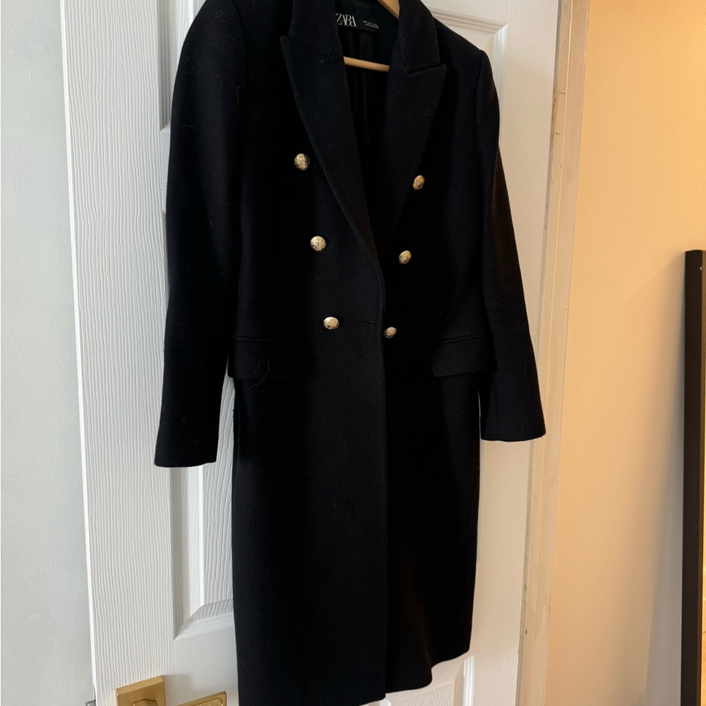 Zara Elegant Black Pea Coat with Gold Buttons